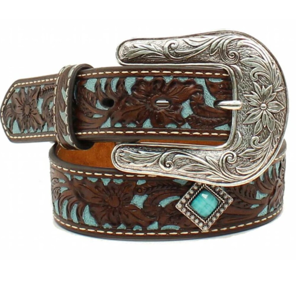 Like New Ariat Girls 26" Leather Belt Turquoise Details & Silver Conchos (ABBA)